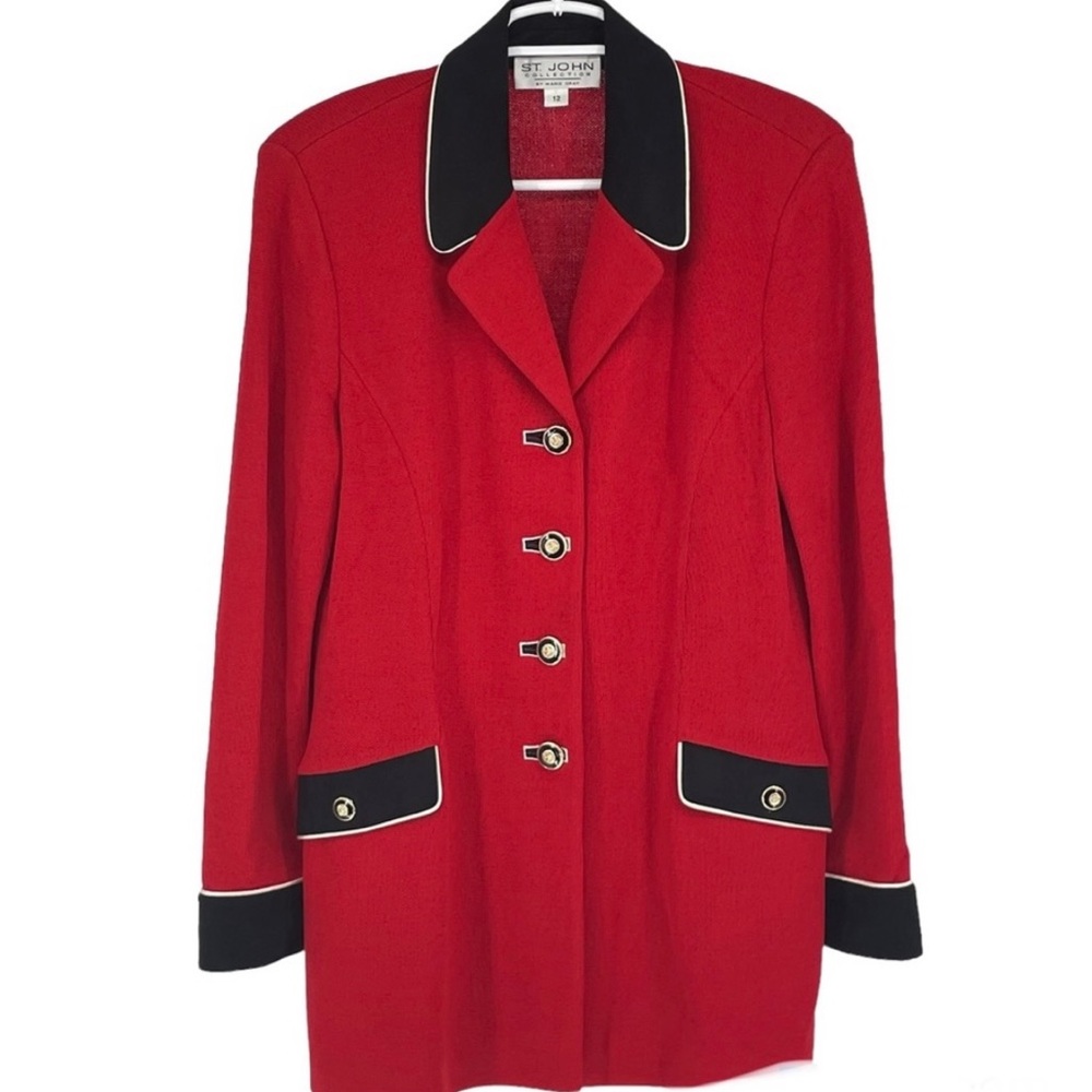 ST. JOHN SANTANA KNIT MILITARY STYLE RED BLAZER LONG LINE JACKET VELVET COLLAR